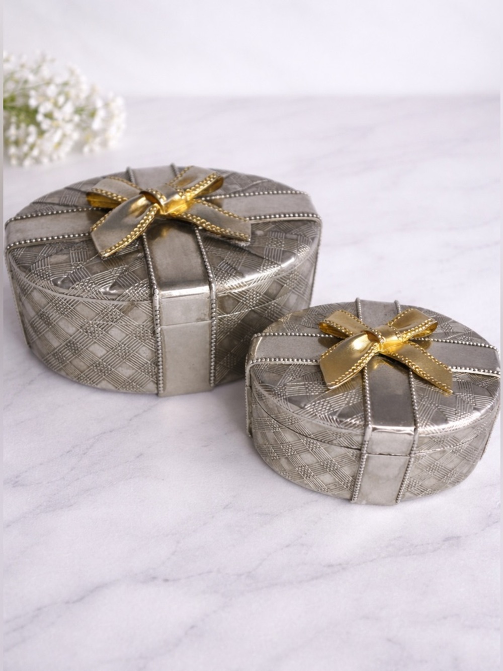 Vintage Godinger Silver ArtCo Trinket Box Set Gold Bow Silver Plated Jewelry Box